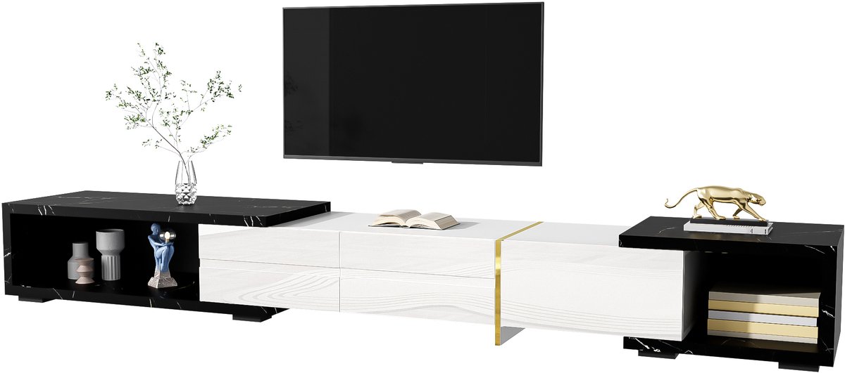 Uitschuifbaar tv meubel met draaifunctie - 140-260 cm breed - Wit en zwart marmerlook - Gouden accenten - Hoogglans en mat design - Groot opbergvak