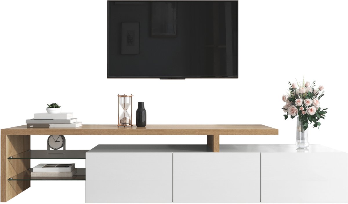 Moderne tv meubel - modern design voor woonkamer - 197,5x39x42 cm - wit hoogglans en houtlook - 7 LED-kleuren app-bestuurbaar - glazen legplanken - ruime opbergruimte met 3 deuren