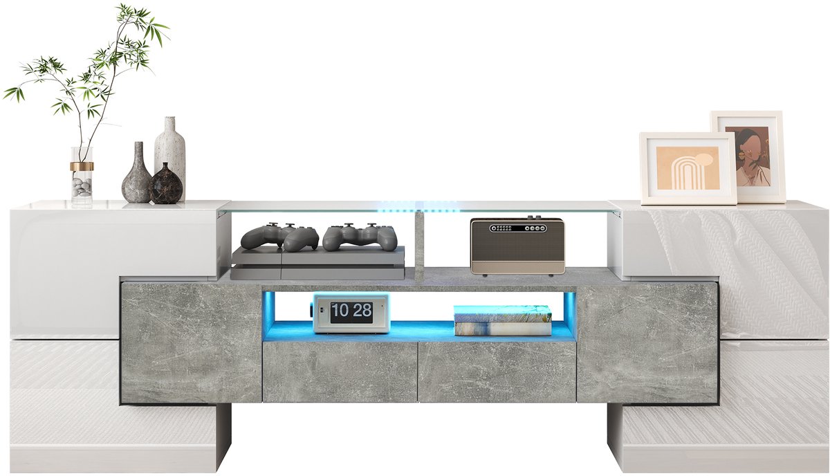 tv meubel met LED-verlichting en glasplaat - Voor woonkamer - 145 cm breed - Hoogglans wit en betonlook - 6 deuren en 2 lades - Sfeervolle LED-verlichting - Geschikt voor 60 inch tv