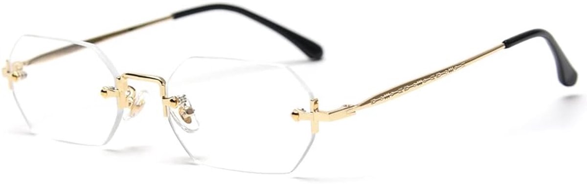 Zonnebril voor heren, frameloos, achthoekige kleine bril voor dames, metaal, goud, veelhoek, blauw, bruin, UV400, transparant goud
