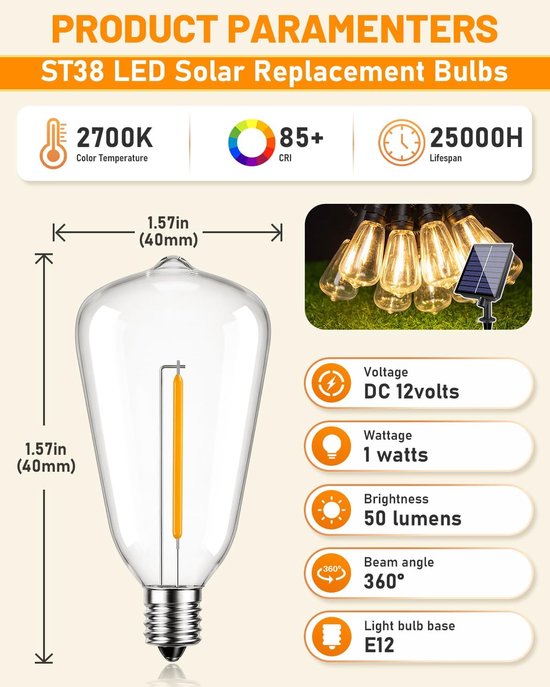 25 E12 ST38 vervangende LED-lampjes op zonne-energie, 2700K warm wit, 1W, DC 12V, onbreekbare en waterdichte lichtslinger op zonne-energie voor feestverlichting, terrassen, tuinen en bruiloften. — afbeelding 2