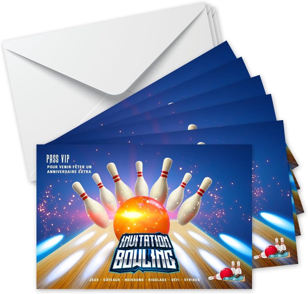 Uitnodigingen in het Frans + 10 enveloppen | Bowling thema | modern design | kinderfeest