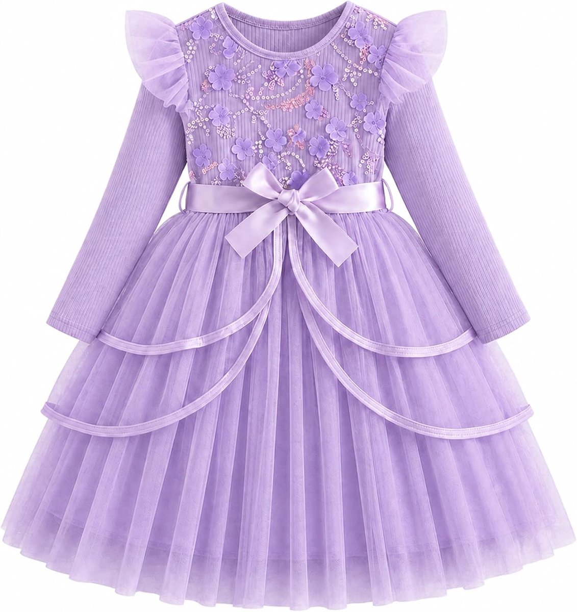 Meisjesjurk: T-shirt met lange mouwen, zachte tutu-tulejurk, verjaardagsfeest, bruiloft, prinsessenjurk, cadeaus, kinderkleding, 3-10 jaar