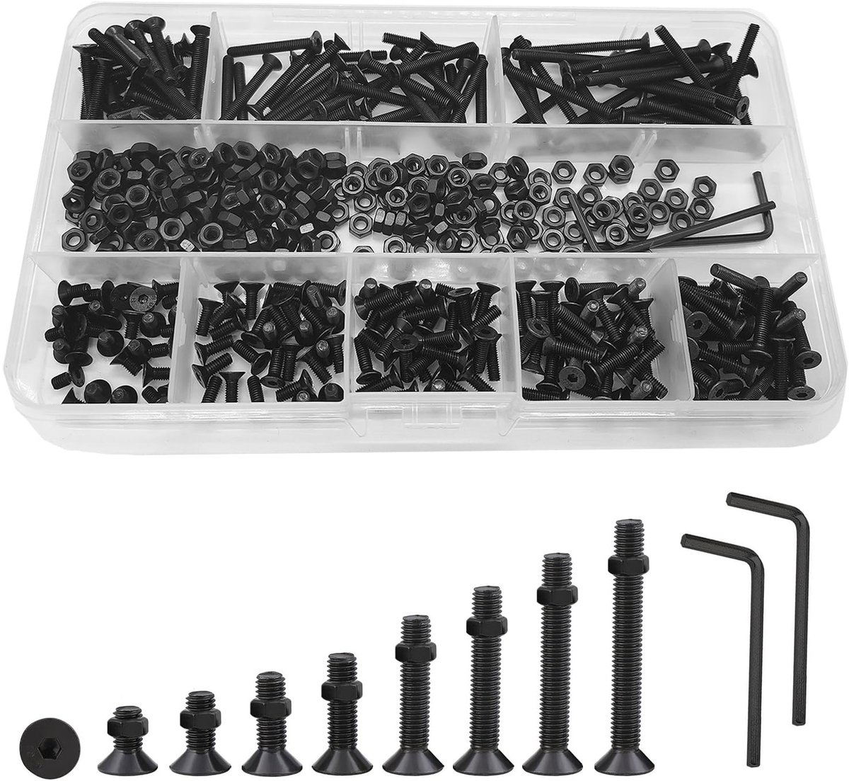 482 stuks M3 zwarte platte kopschroeven Hex Socket Cap schroeven, moeren