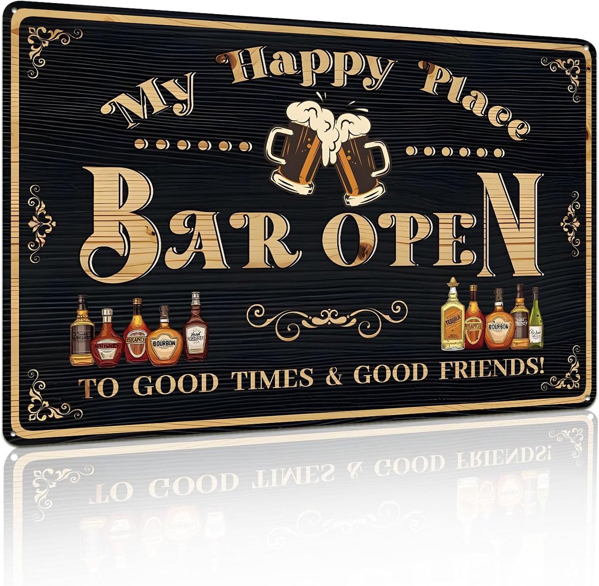 "my happy place bar open" bord decor metalen tin borden voor thuis bar man cave vintage muuraccessoires pub bier chers decoraties geschenken 30,5 x 20,5 cm (25122)