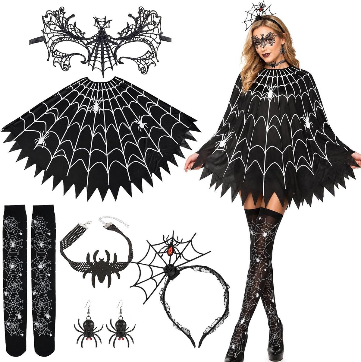 Spinnenkostuum voor dames, Halloweenkostuum met spinnenweb poncho, 6-delig
