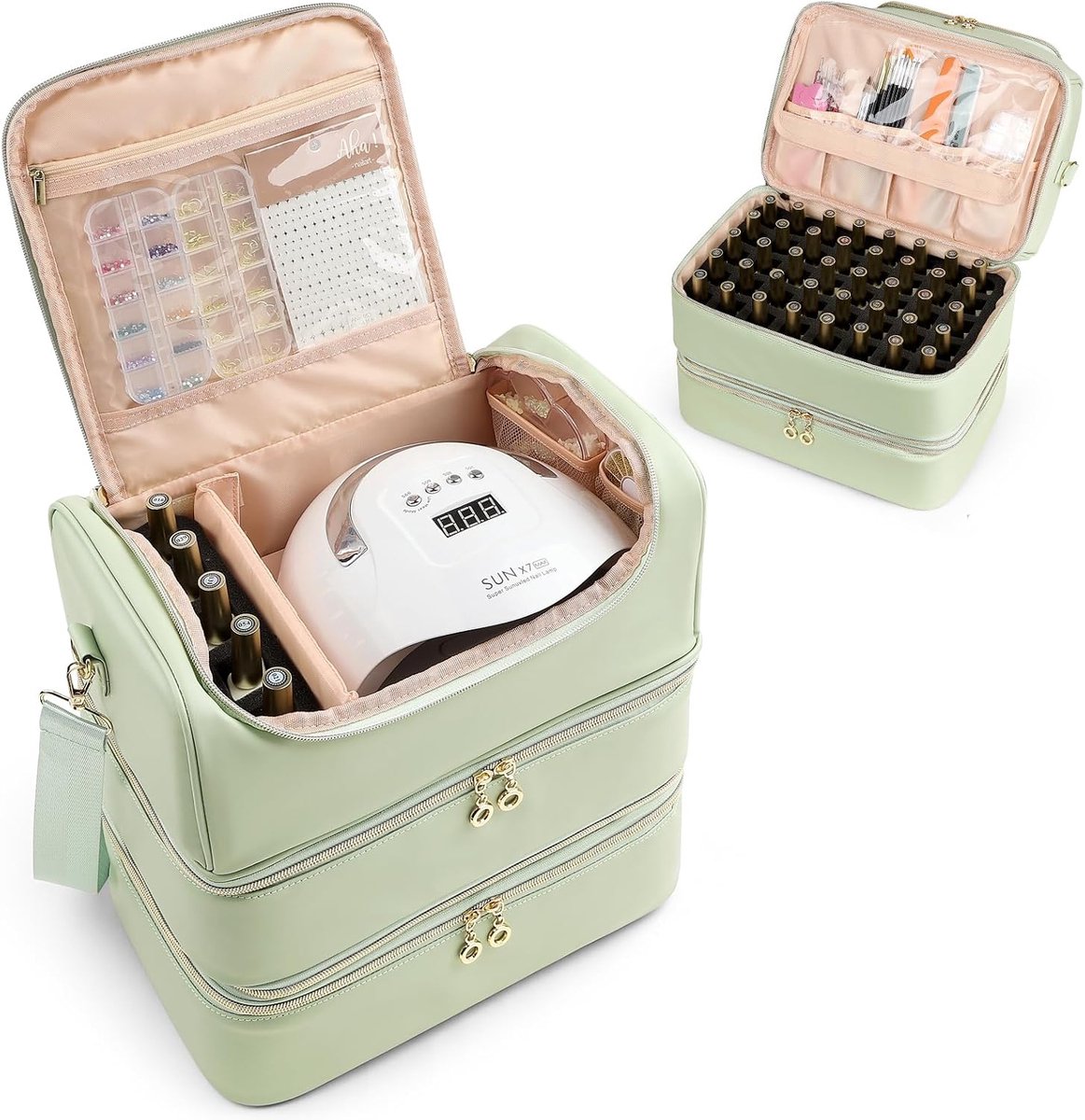 Nagellakorganizer voor 90 nagellakflessen en 1 led-nagellamp, extra grote opbergtas voor nageldesign accessoires (groen)