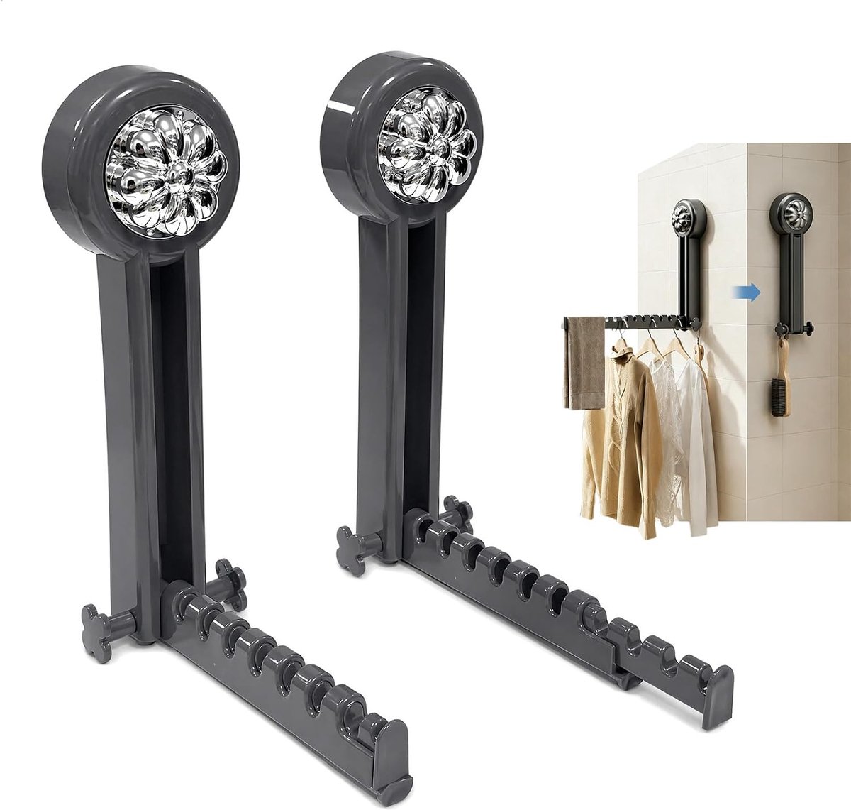Kleerhanger, 2 stuks wandwasrek, wasrek met zuignap en winddichte haak, draagbaar kledingrek voor wasruimte, slaapkamer, badkamer, grijs