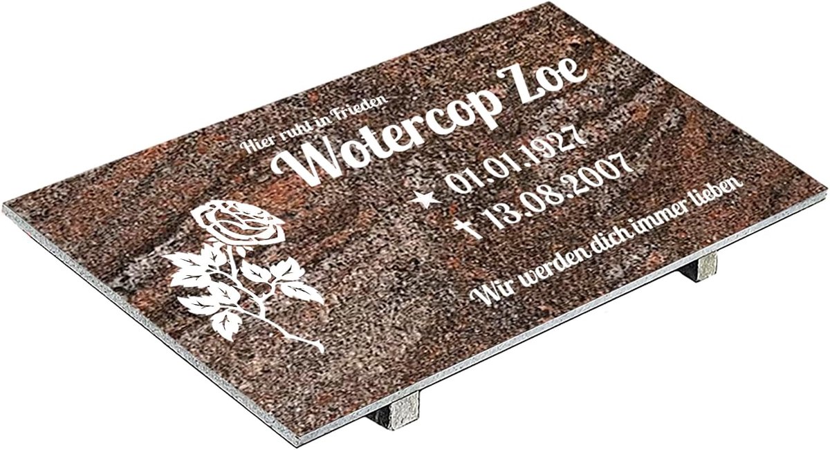 Grabplatte mit Inschrift aus Granit Paradiso, personalisierbar Gedenktafel für Urnengrab, Wählmotiv, Grabstein für 1-2 Pers., Urnengrabstein (Paradiso Classico, 30x60cm mit Stützen, Rose)