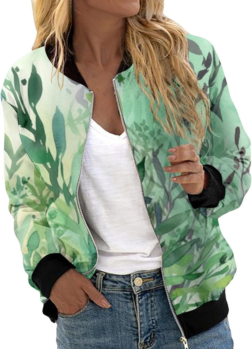 Bomberjacke Damen Kurze Blouson Sommer Jacke Leichte Sweatjacke Pilotenjacke Vintage Blumenmuster College Jacket Langarm Einfarbige Übergangsjacke Herbstjacke Frühlingsjacke Wanderjacke Fliegerjacke