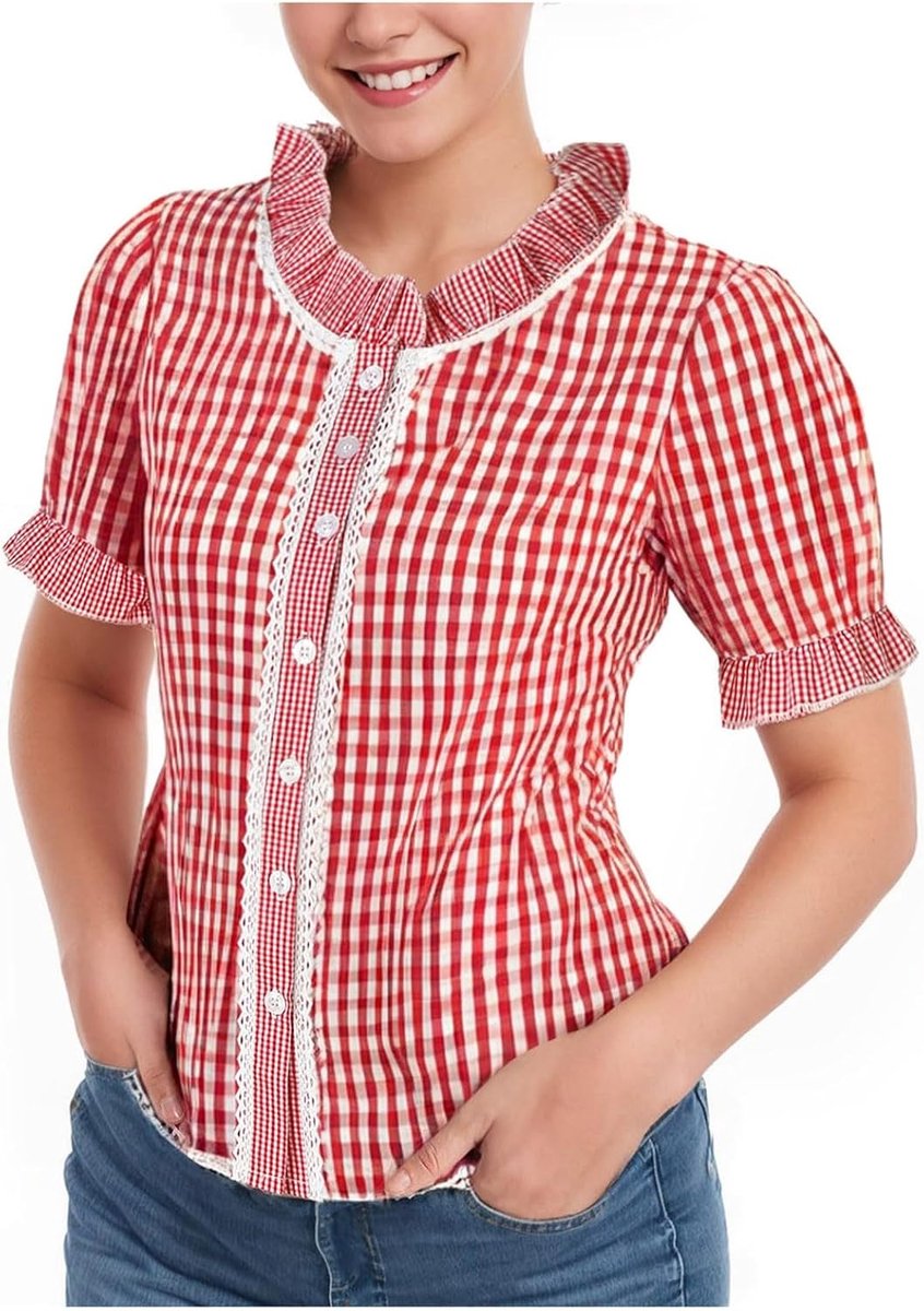 Generisch Trachtenshirt Damen Damen Bluse Trachtenbluse Jasmin rot/Weiss kariert traditionelle taillierte Trachten mit Stehkragen & Herzknöpfen Kurzarm Moderne bayrische S-3XL