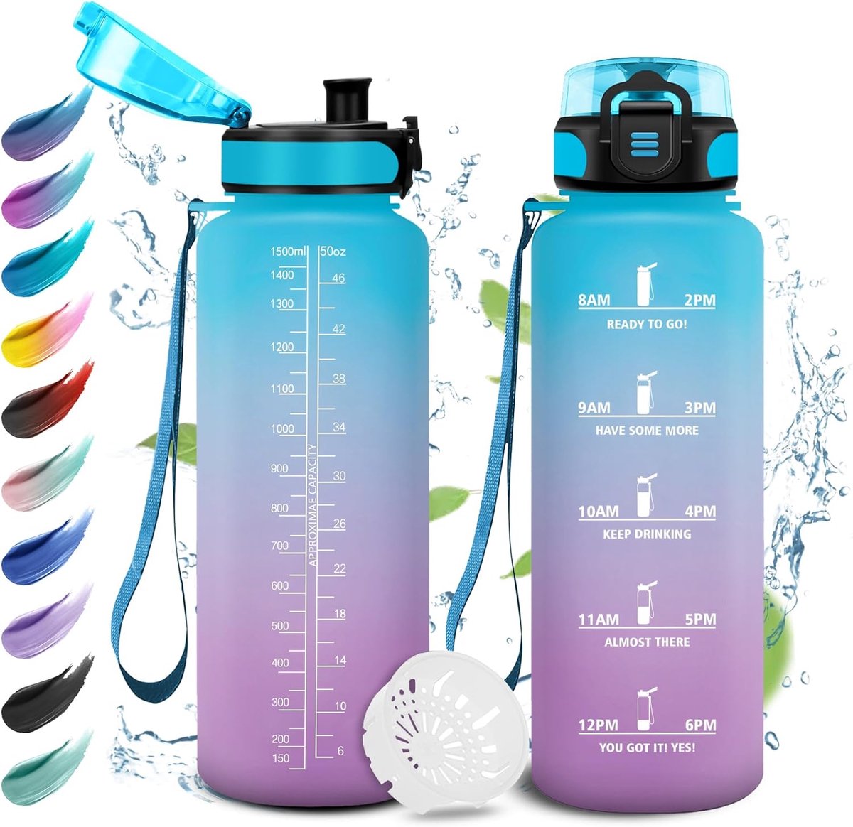 Sport, 1,5 l, lekvrij, geschikt voor koolzuurhoudende dranken, drinkfles met tijdmarkering, waterfles met filter, sportfles voor buiten, bubbels, camping, fiets, fitness