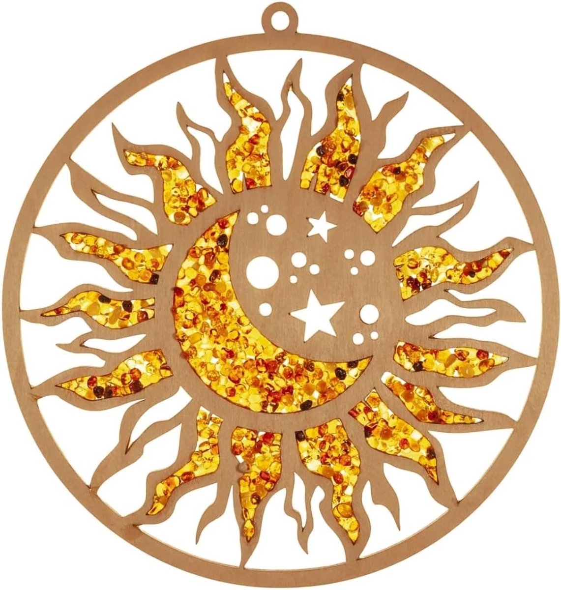 Raamdecoratie, Zonnevangst, zeer groot, Suncatcher, barnsteen in berkenhout, zon, maan & sterren, Ø 30, incl. zuignap 35mm