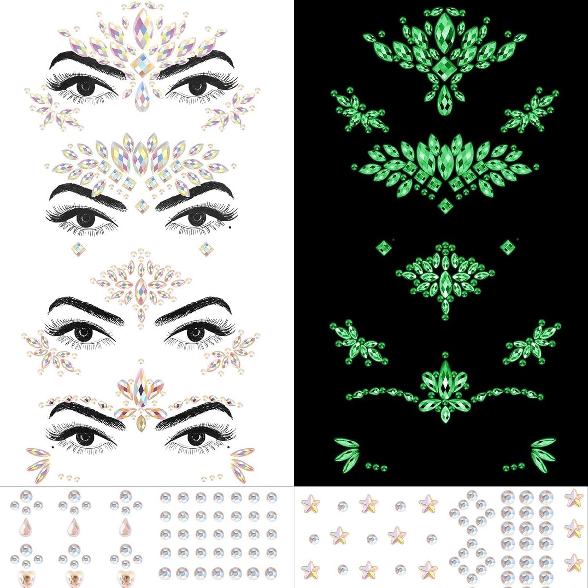 6 stuks gezichts-edelstenen, oplichtende glittersteentjes, zeemeermin-stickers, geschikt voor meisjes- en damescarnaval, Halloween, themafeesten en rollenspellen