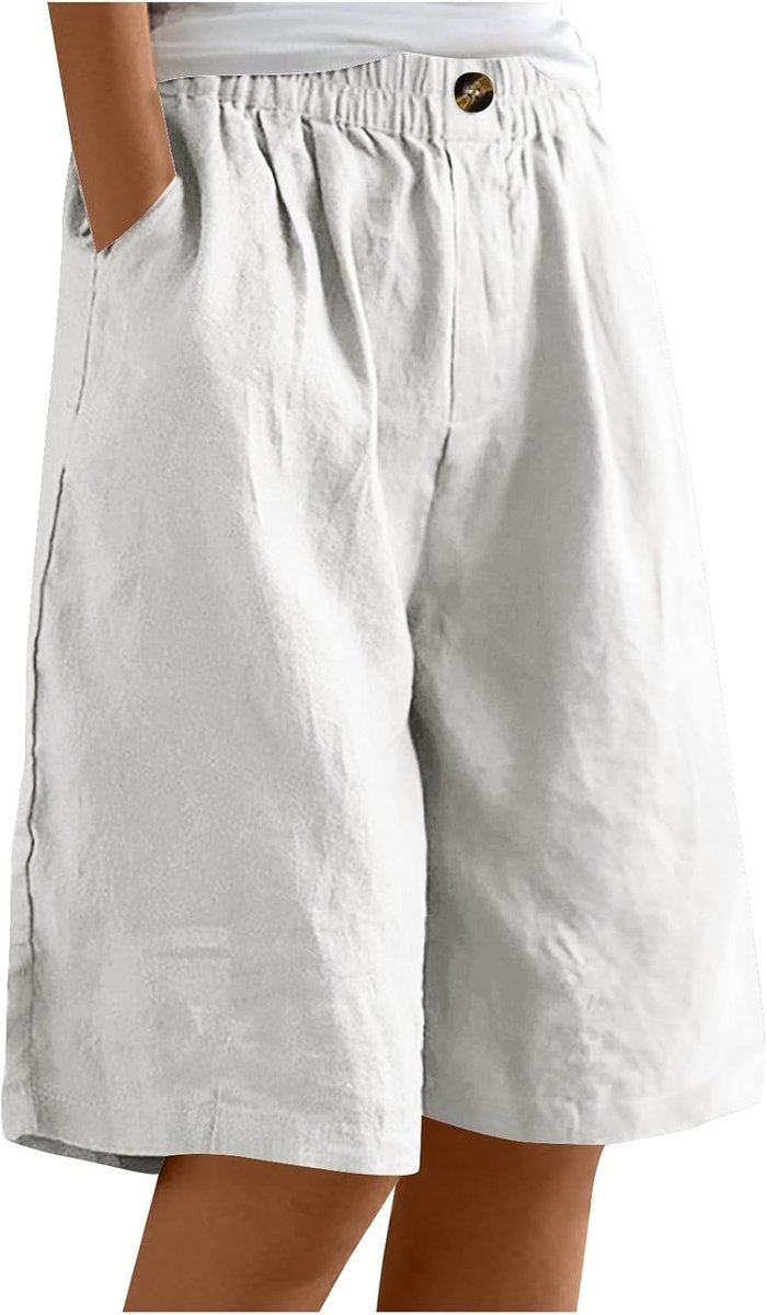Bermuda Shorts Damen Sommer Leinen Musselin Hose Kurze Baumwolle Stoffhose High Waist Freizeithose Sommerhose Frauen Elegant Weite Bein Strandhose Leinenhose mit Gummizug und Taschen