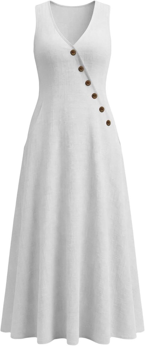 Sommerkleid Damen Leicht und Luftig Strandkleid Lang Baumwolle Freizeitkleid Elegant V-Ausschnitt Ärmellos Partykleid Casual Einfarbig Sommerkleider Luftige Trägerkleid Maxikleid Sommer Mit Taschen