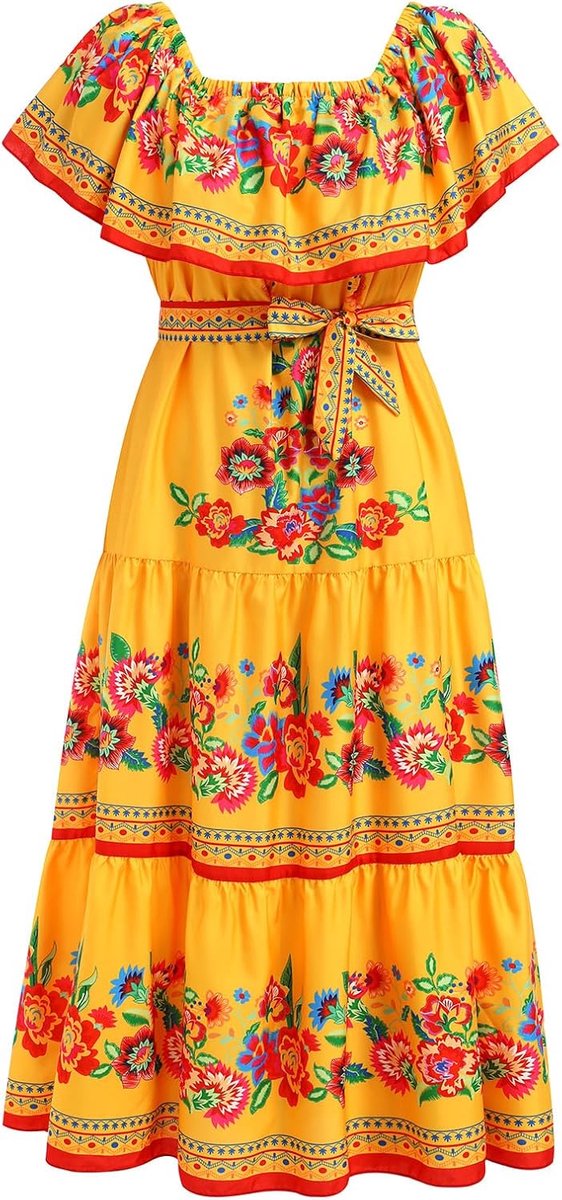 Dress for Women: Traditional Fiesta Outfit Cinco De Mayo Bohemian Floral Boho Summer Dresses for Women 2023 Beach Gown Mexico Clothes Maxi Party Casual Sundress Yellow 3X-Large — afbeelding 5