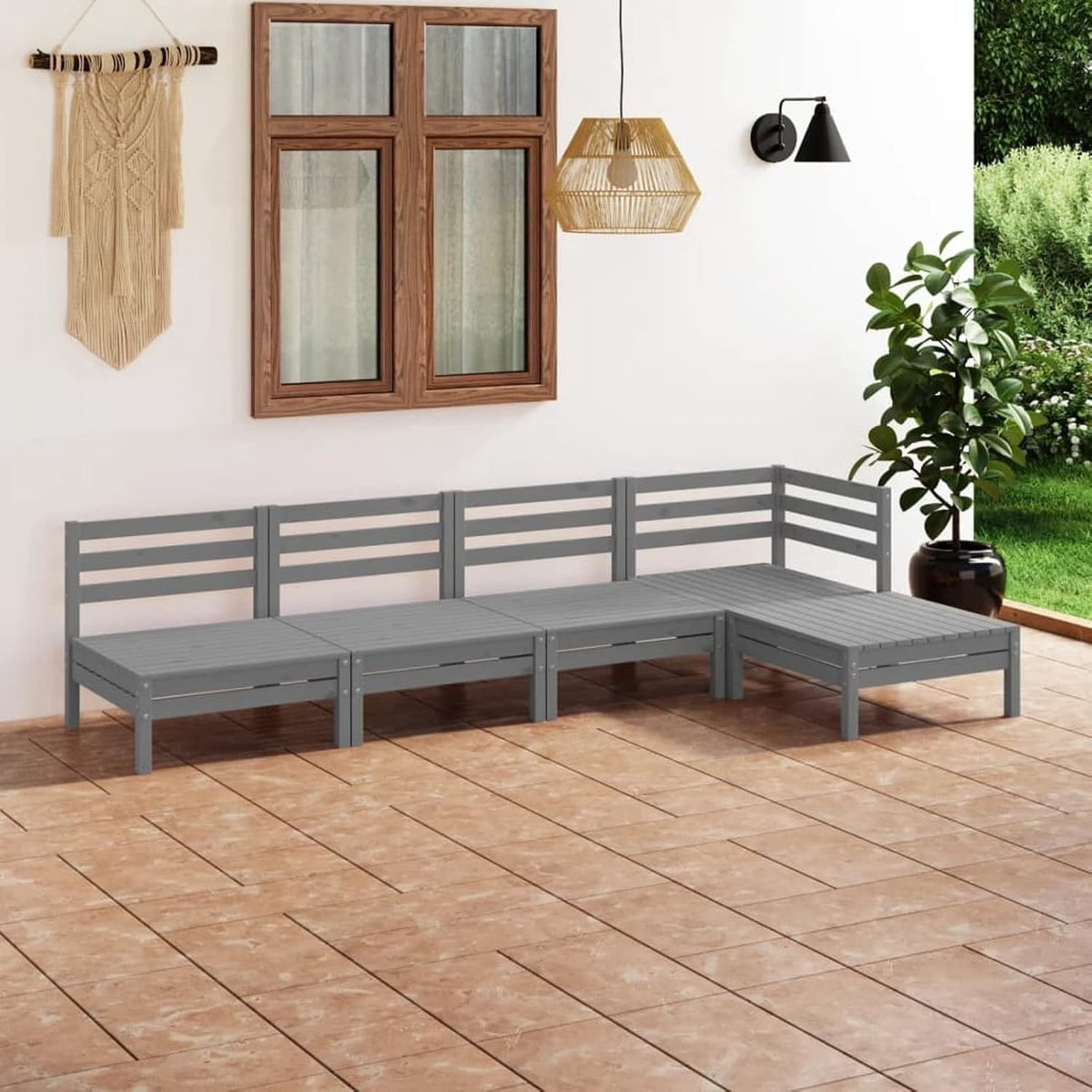 Tuinmeubelset, tafel voor buiten, terras, 2# 5 stuks, massief hout, grenenhout, grijs