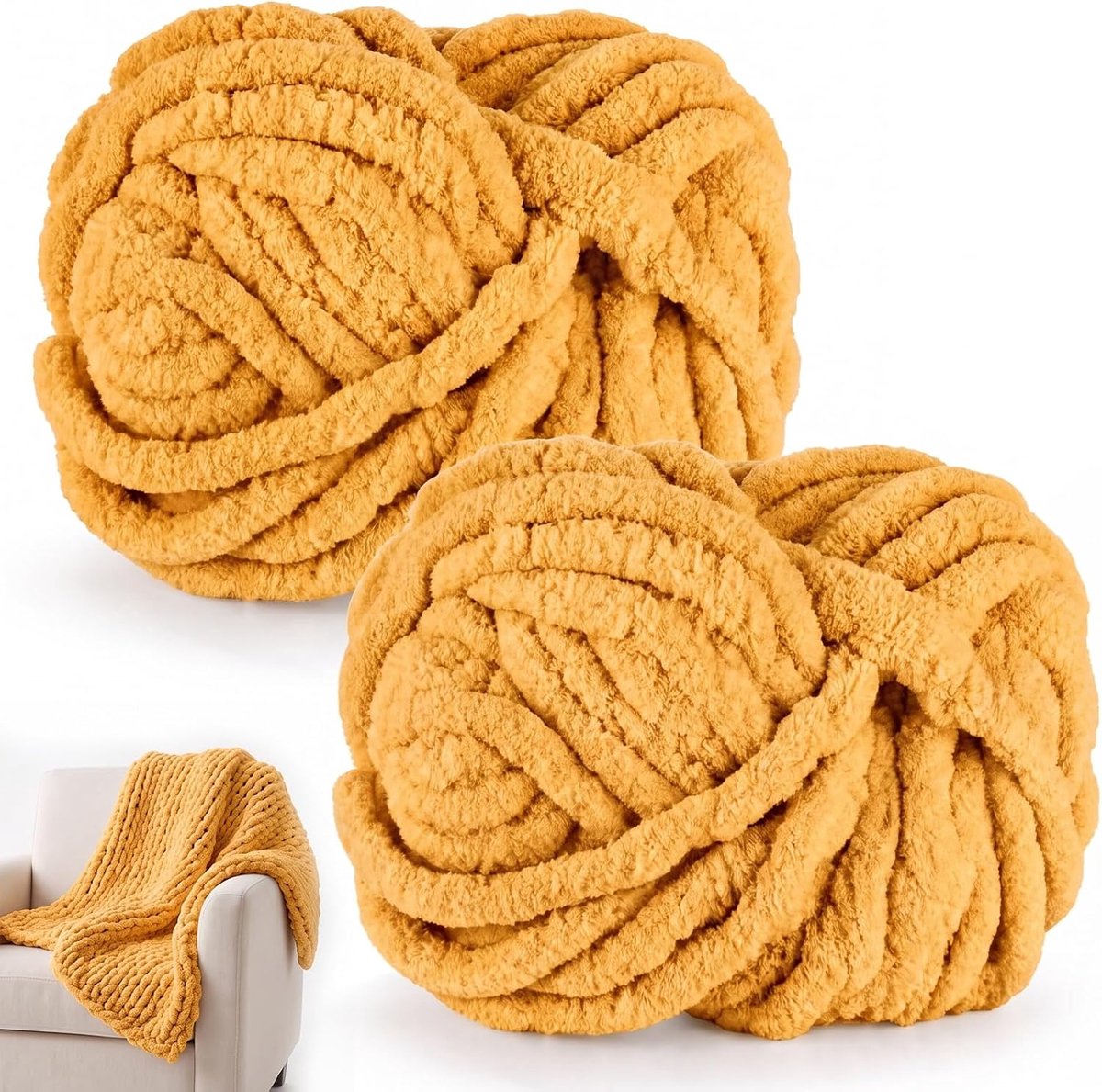 Wol om te breien, 250 g x 2 chunky garen voor handbreien, wollige zachte wol, XXL-armbreiwol voor het haken van dekens, sjaals, mutsen, huisdiernest (11 kurkuma)