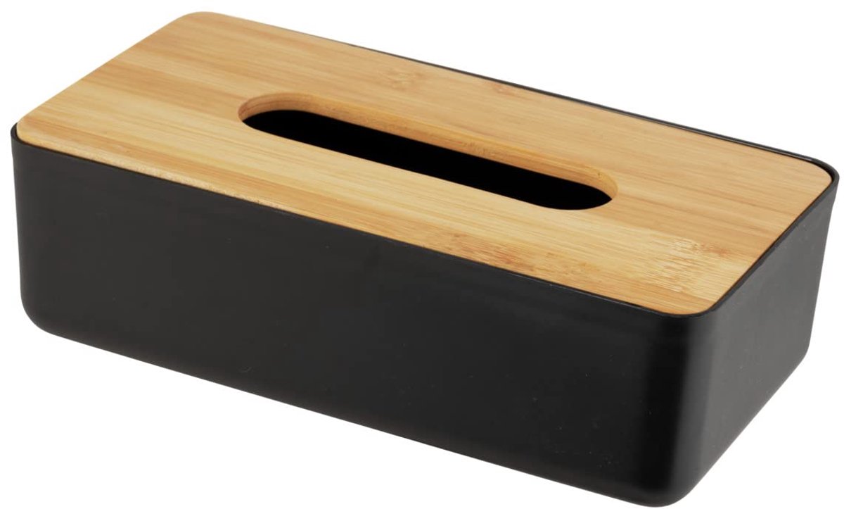 Famanu - Box voor cosmeticadoekjes of zakdoeken met bamboe deksel, 24 x 7,5 x 12,7 cm, zwart/naturel