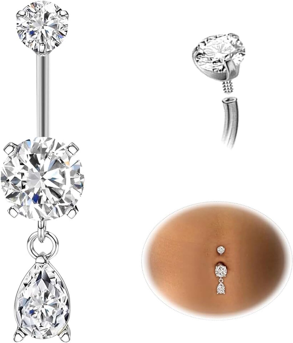 Titanium Navel Bars Piercing Zilver Dangle Gold Navel Sieraden Lange Kleine Korte Barbell CZ Bal Dangly Belly Bars Piercing 14G 10MM 12MM 14MM