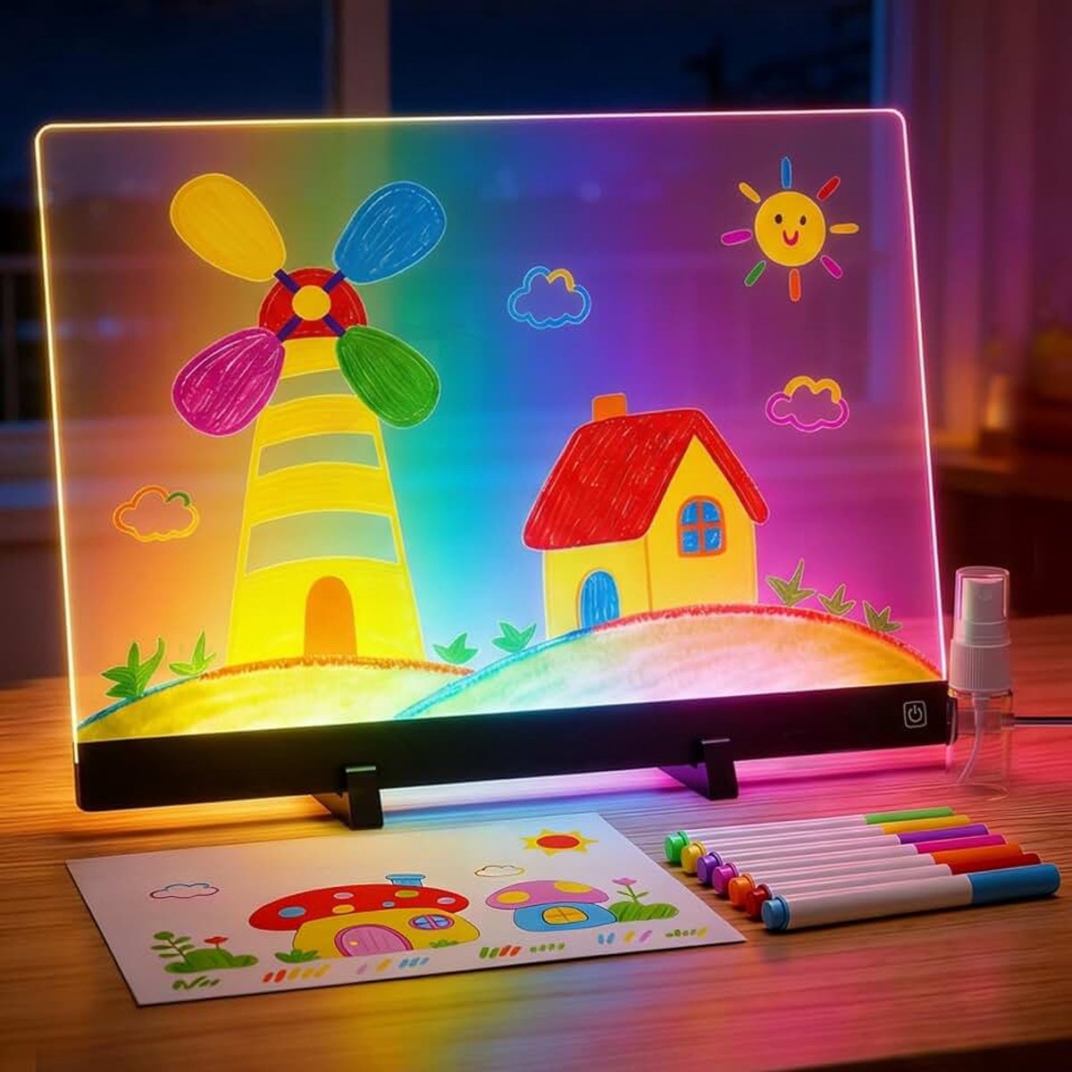 Notitiebord met kleuren, transparant acryl lichtgevend schilderbord met 7 neonstiften en 8 sjablonen, creatief cadeau voor kinderen en tieners