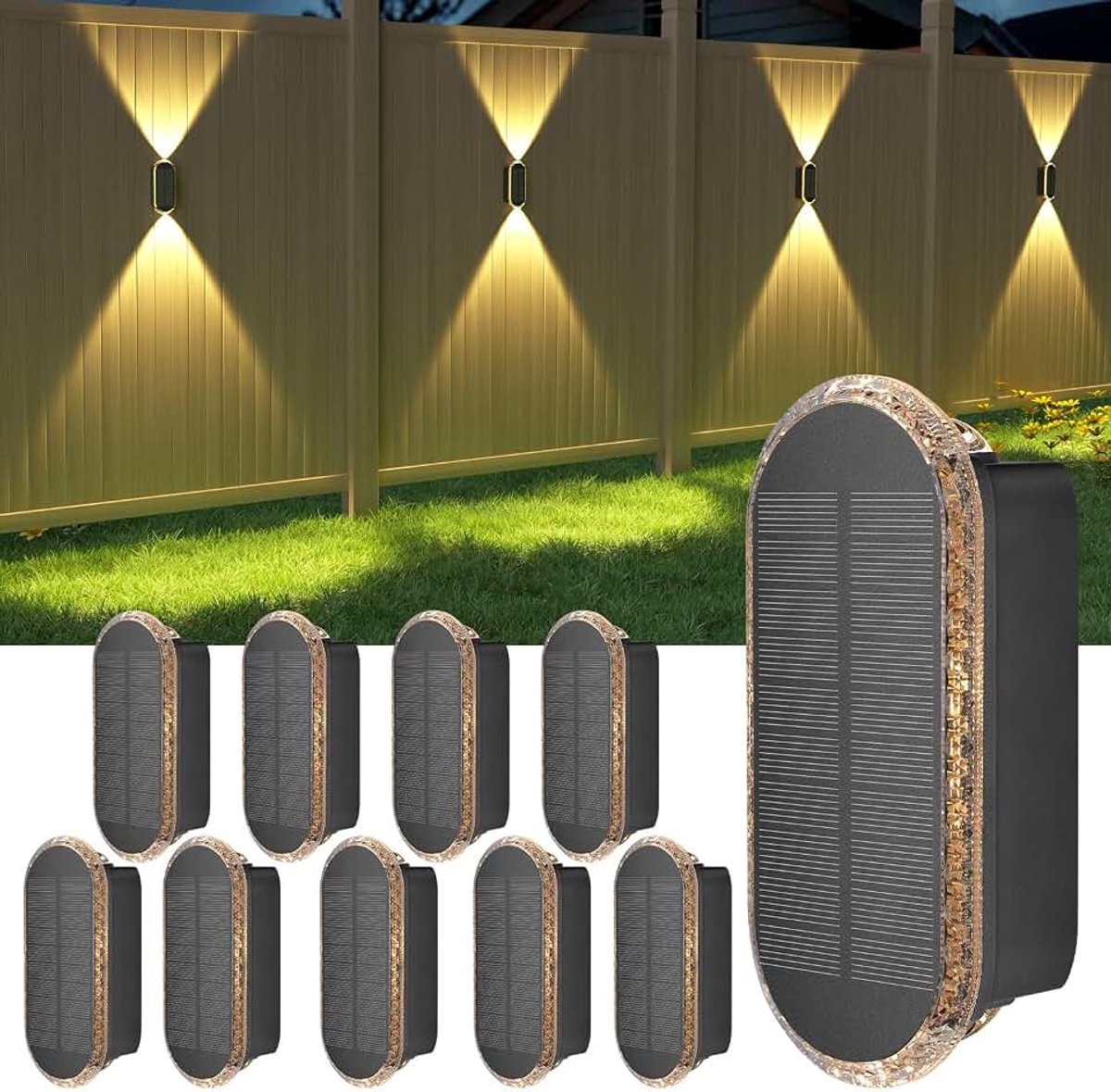 Fence Buitenlamp Zonne-energie LED: 3-kleuren (3000K/4000K/6500K) Zonnelampen - op & neerwaarts licht - IP65 waterdicht - hek tuin terras oprit (10 stuks)