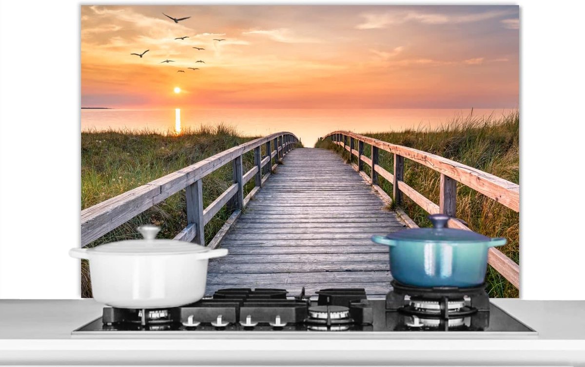 Spatscherm Keuken - 100x65 cm - Zonsonderang - Zee - Pad - Gras - Duin - Vogels