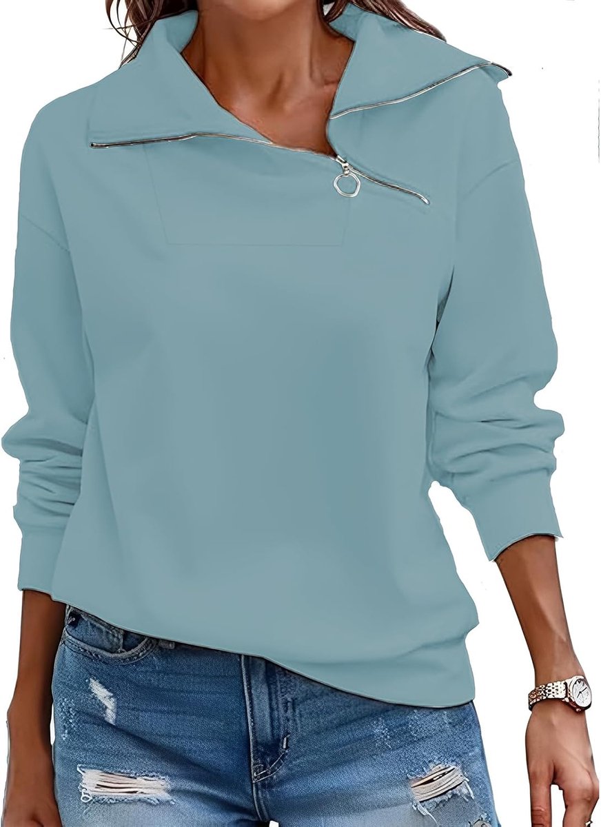 Pullover Dames Sweatshirt Herfst Kwart Ritssluiting Lange Mouwen Staande Kraag Pullover Losse Effen Casual Tops Dames