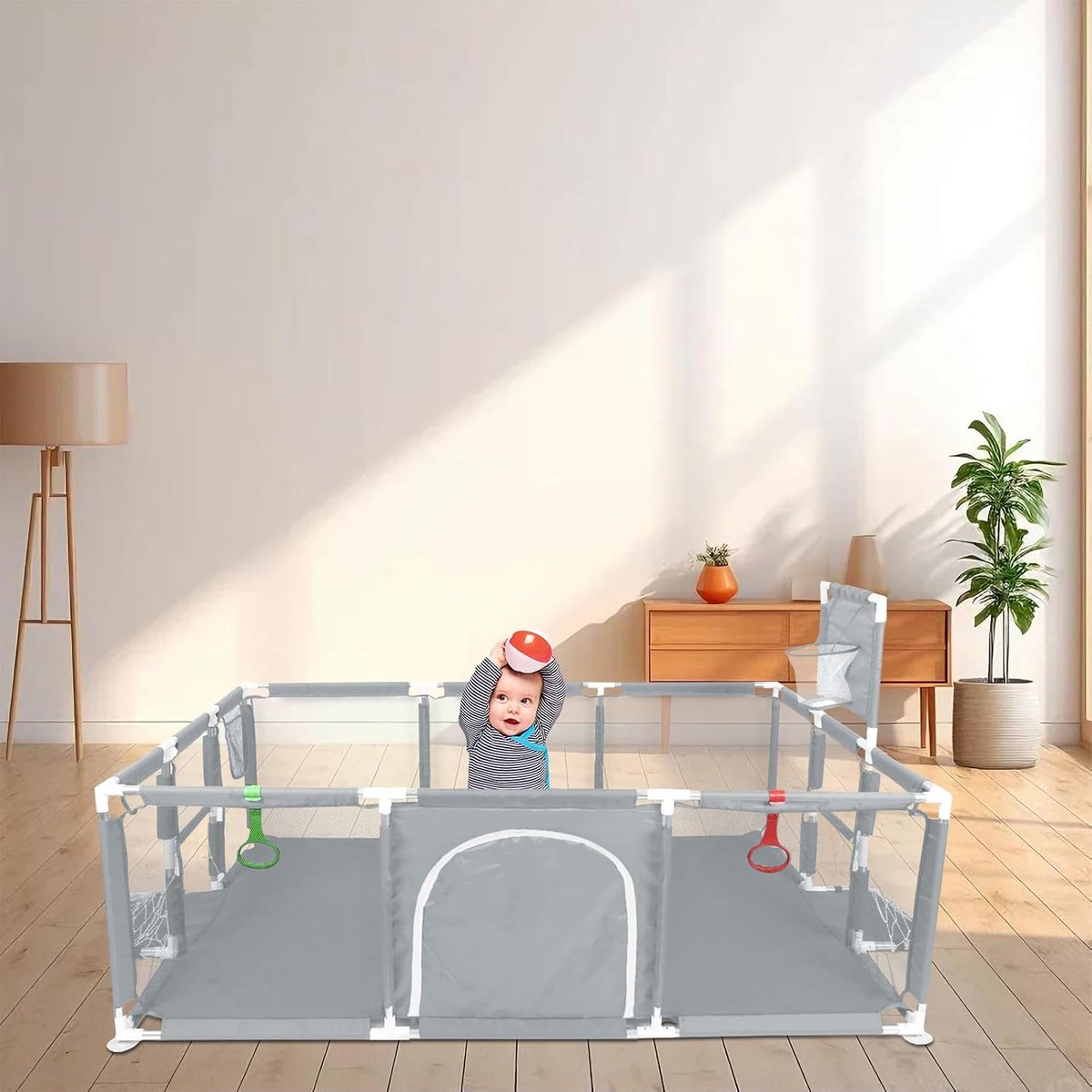 Puppybox met deur, box voor puppy's of kleine honden, robuust hek van dikke stof en net van zeer sterk nylon, machinewasbaar, binnen en buiten, 180 x 120 x 66 cm (donkergrijs)