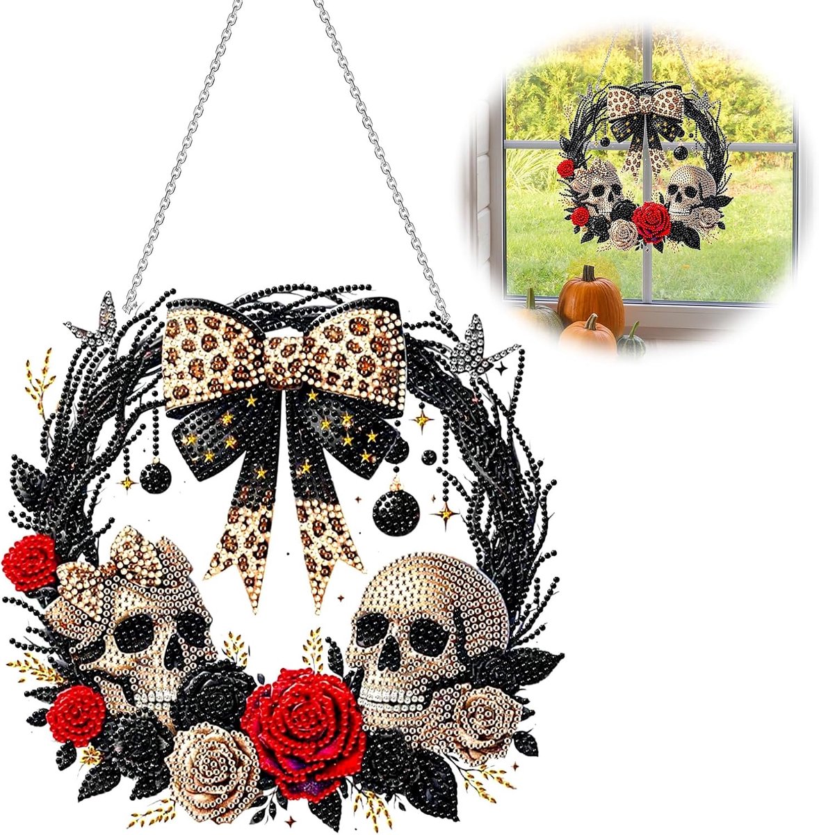 Diamond Painting Halloween decoratie deurkrans, eenzijdig diamond painting herfst met ketting, Diamond Painting deurkrans voor Halloween, raam, wanddecoratie (skeleton)