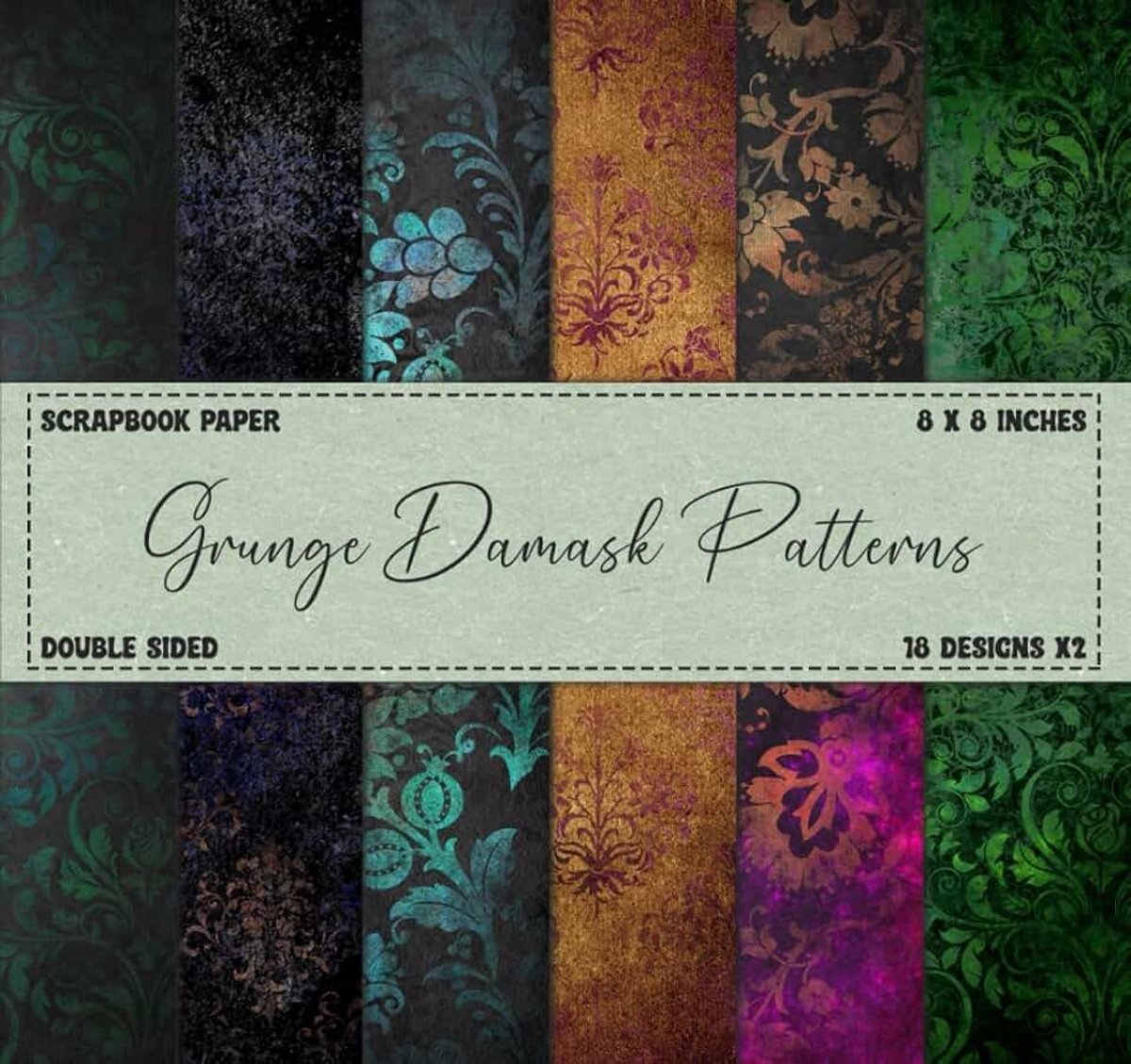 Damask Scrapbook Paper: Grunge Themed Patterns, Double Sided, 8 x 8 Inches
