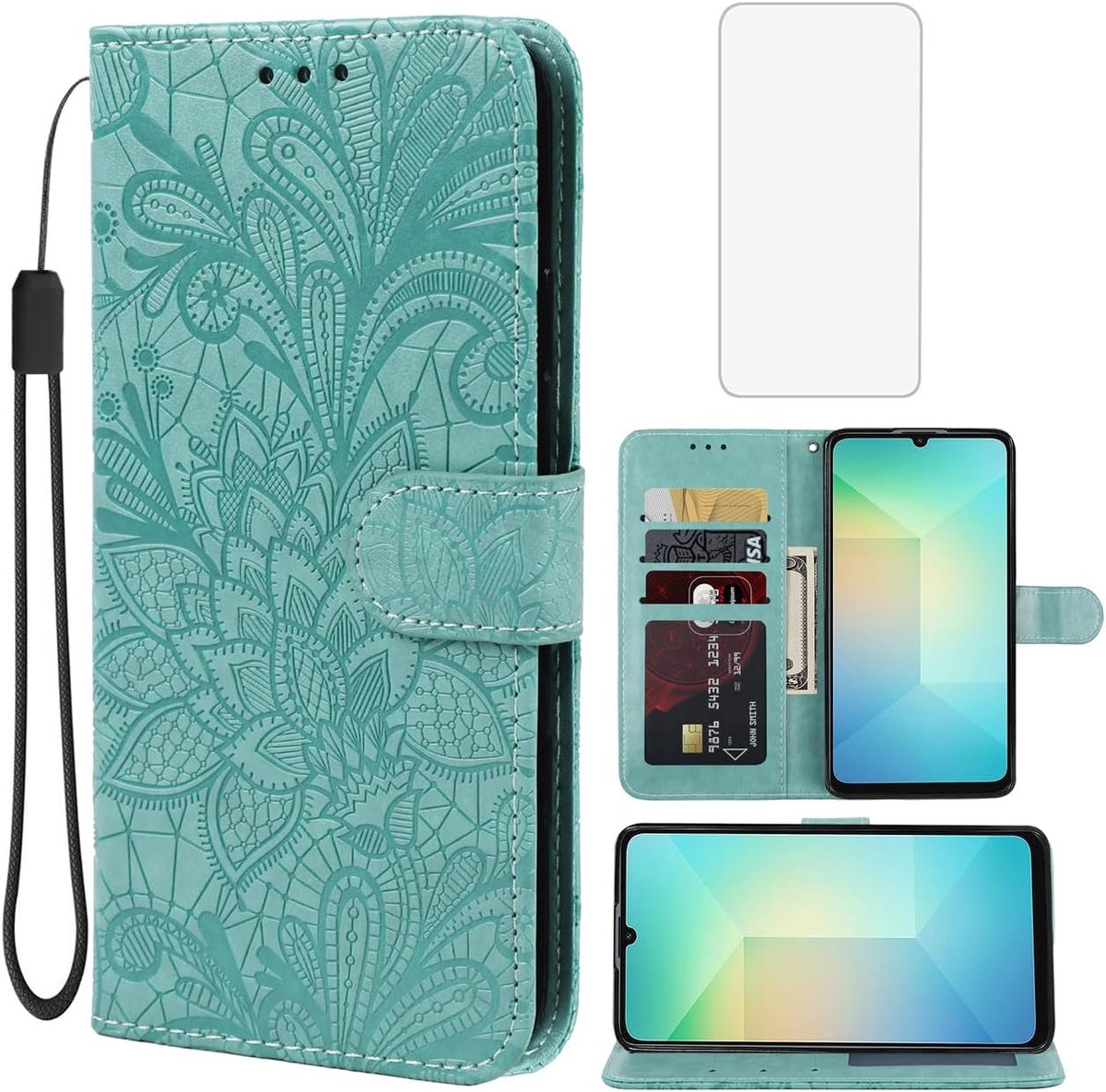 Hoesje voor Galaxy A06 4G/5G/Galaxy A07 4G/5G SM-A065F portefeuillehoesje met schermbeschermer van gehard glas, PU-lederen flip creditcardhouder met kanten bloem, groen