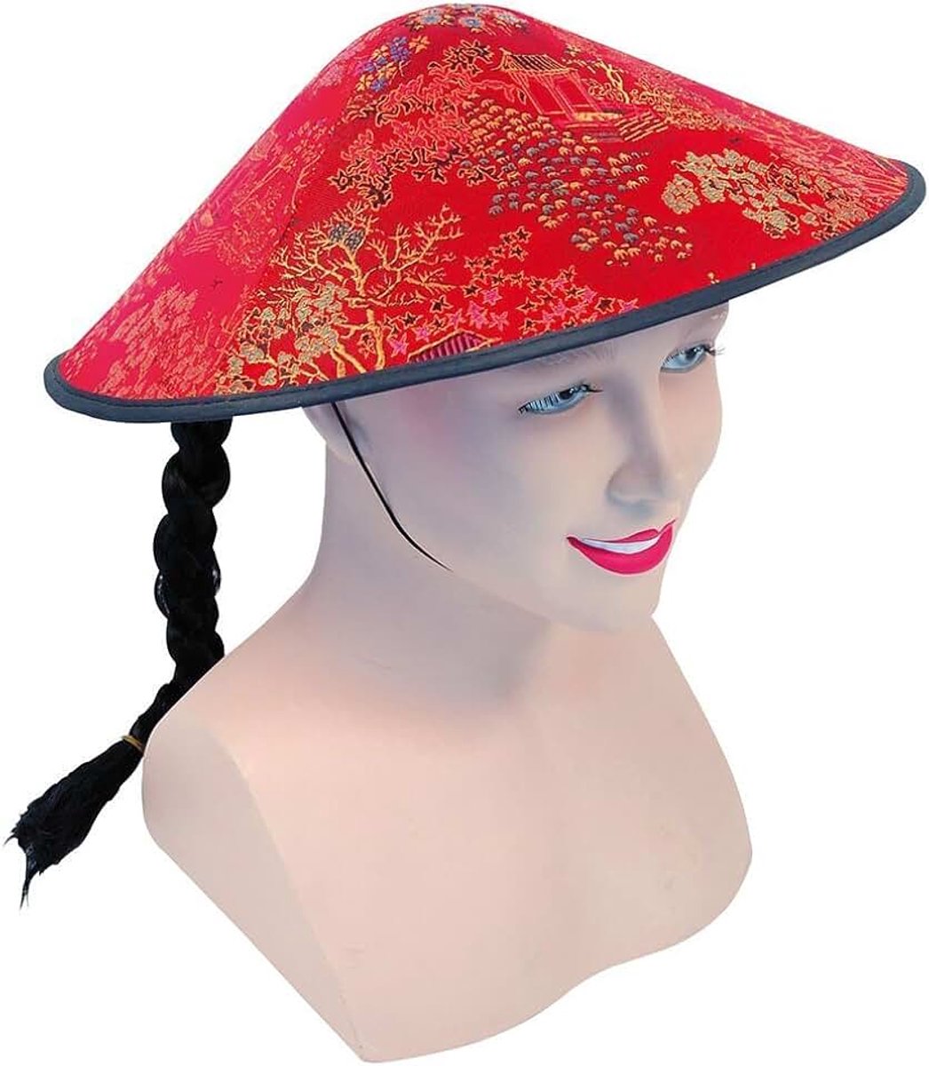 Authentieke rode stof en vlecht Chinese schaduwhoed (pak van 1) - Perfect voor festivals, cosplay, wereldboekendag, thema-evenementen of buitenavonturen