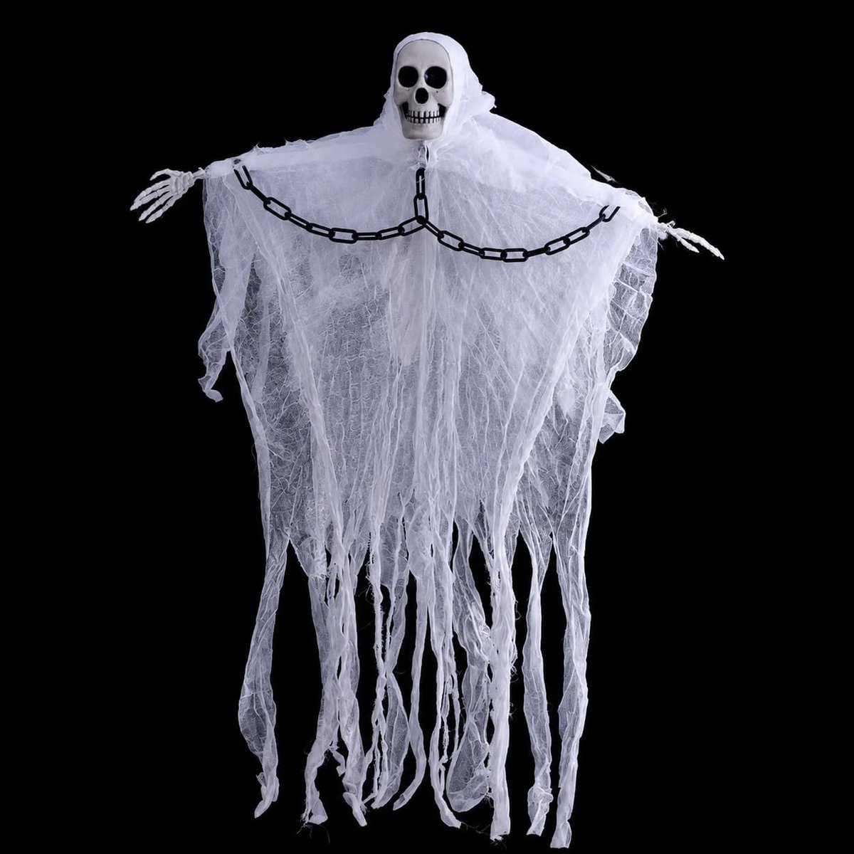 Hangende geest 85 cm, gescheurde zwarte en grijze stof met schedelhoofd, griezelig binnen- en buitendecor voor huis, tuin en Halloween displays (wit)