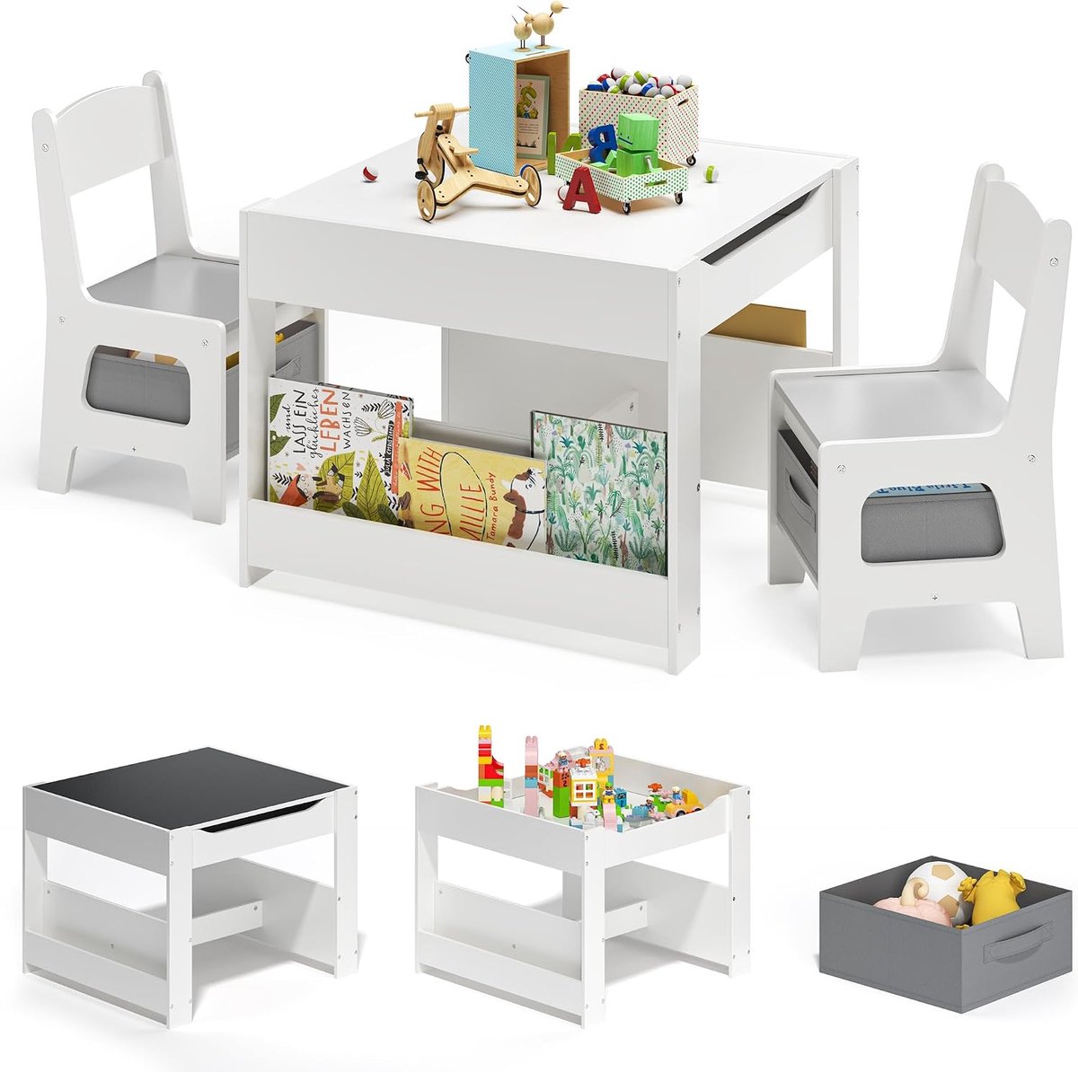 4-in-1 kindertafel met 2 stoelen, tekentafel met omkeerbaar dienblad en schoolbord, klein kinderbureau met 2 afneembare opbergdozen, boekenplanken, wit