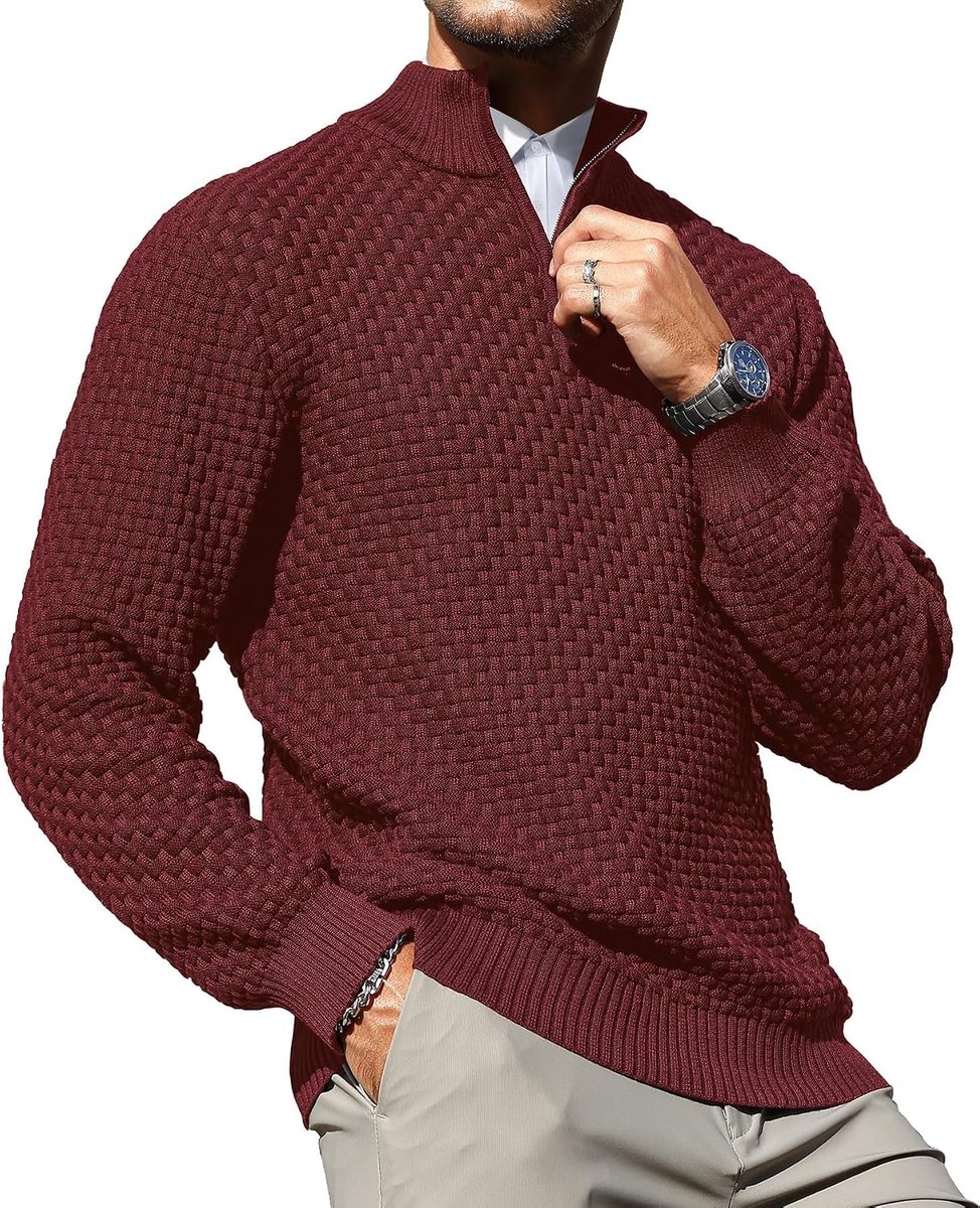 Herentrui met halve ritssluiting, elegante rolkraag, gebreide trui