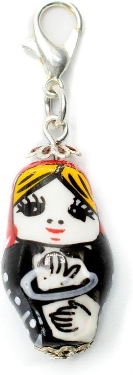 Matroshka Babushka Rusland Charm Russische pop rood zwart - handgemaakte modesieraden I verzilverde ketting hanger - bedelarmband - hanger voor armband, 22mm, Metaal Katoen Porselein