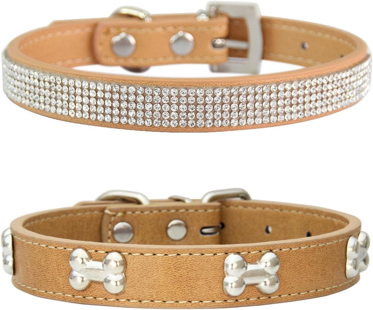 2 stuks hondenhalsband van leer met strass, hondenhalsband voor kleine honden met metalen botversiering, geschikt voor kleine middelgrote honden en katten, kaki, S