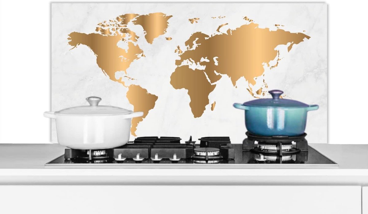 Spatscherm Keuken - 100x50 cm - Wereldkaart - Goud - Marmerlook - Luxe - Design