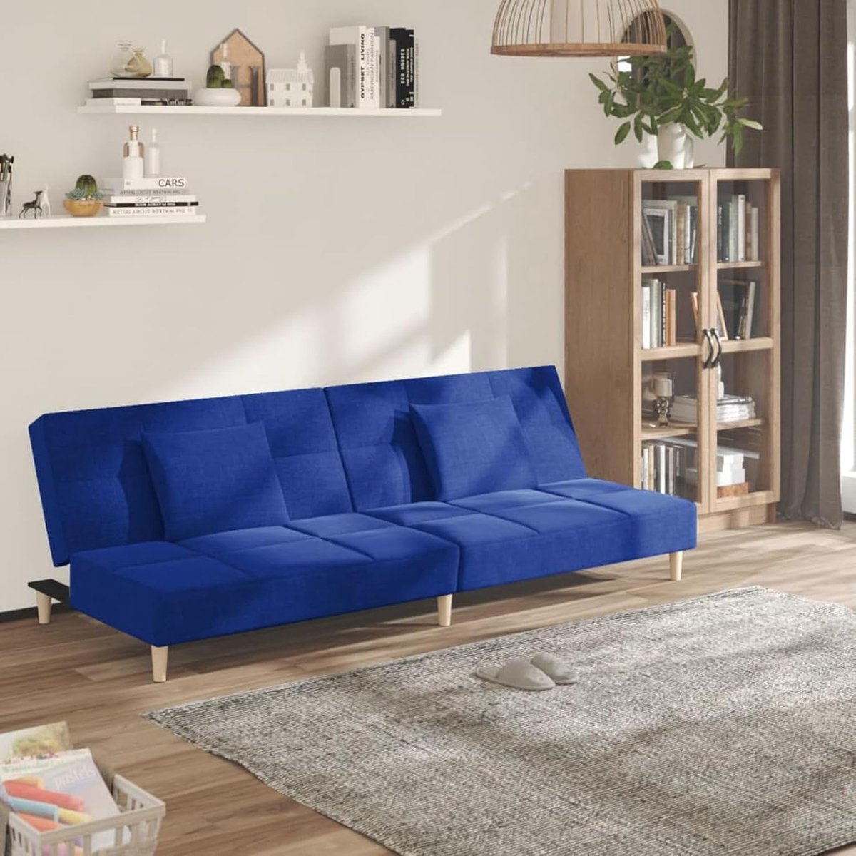 Slaapbank 2-zits met 2 kussens, blauwe stof, slaapbank, dagbed, slaapbank voor woonkamer, logeerkamer, kleine woningen