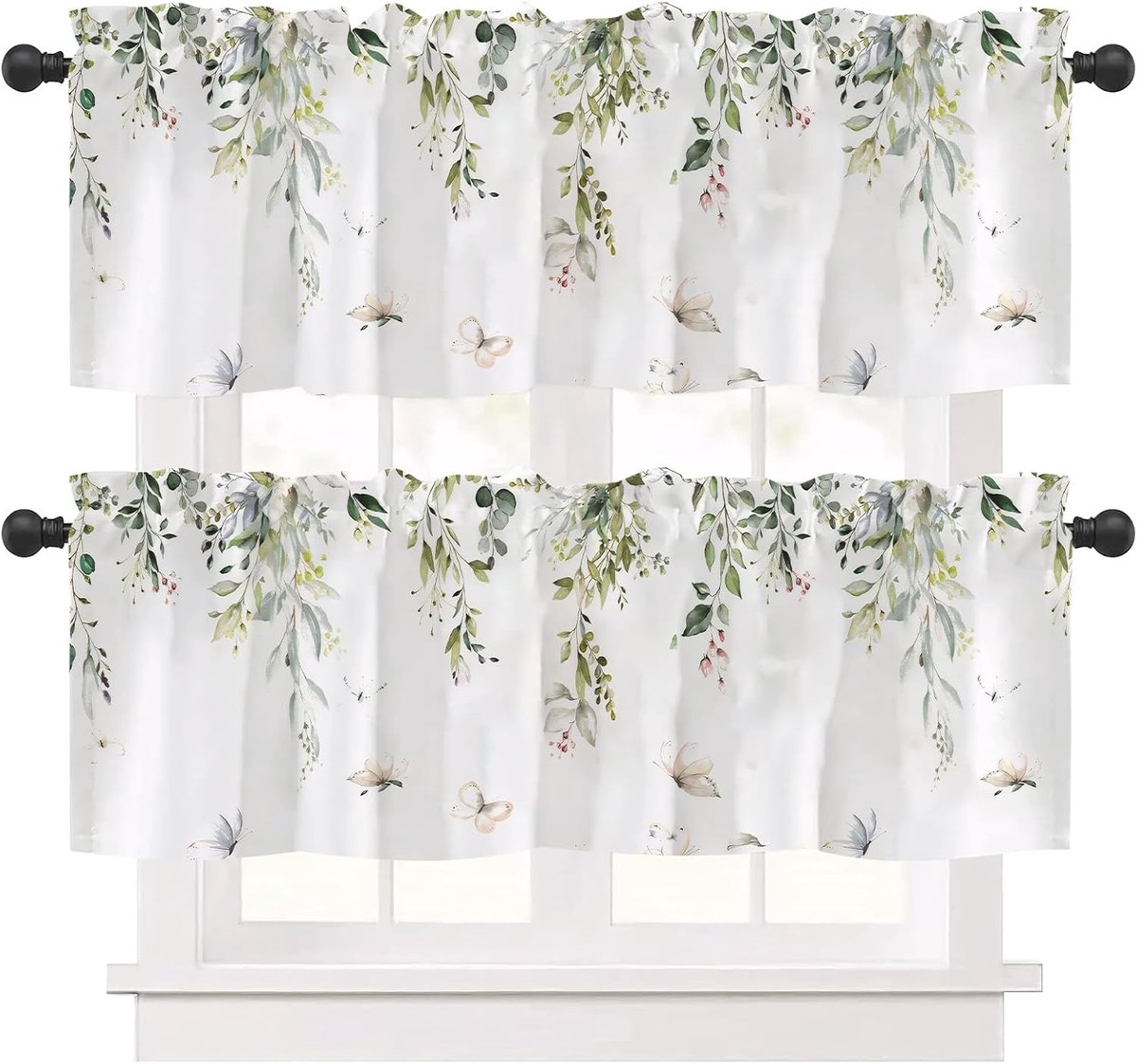 Gordijn, set van 2 aquarel bloemengordijnen voor slaapkamer, badkamer, woonkamer, keuken, moderne bistrogordijnen, zwart