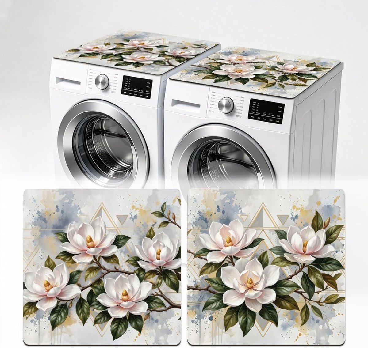 Wasmachine- en drogerafdekkingen voor bovenkant, aquarelbloemen, droger, oppervlaktebeschermingsmat, antislip, stofbescherming, voor huishouden, wasruimte, keuken, 60 x 60 cm, 2