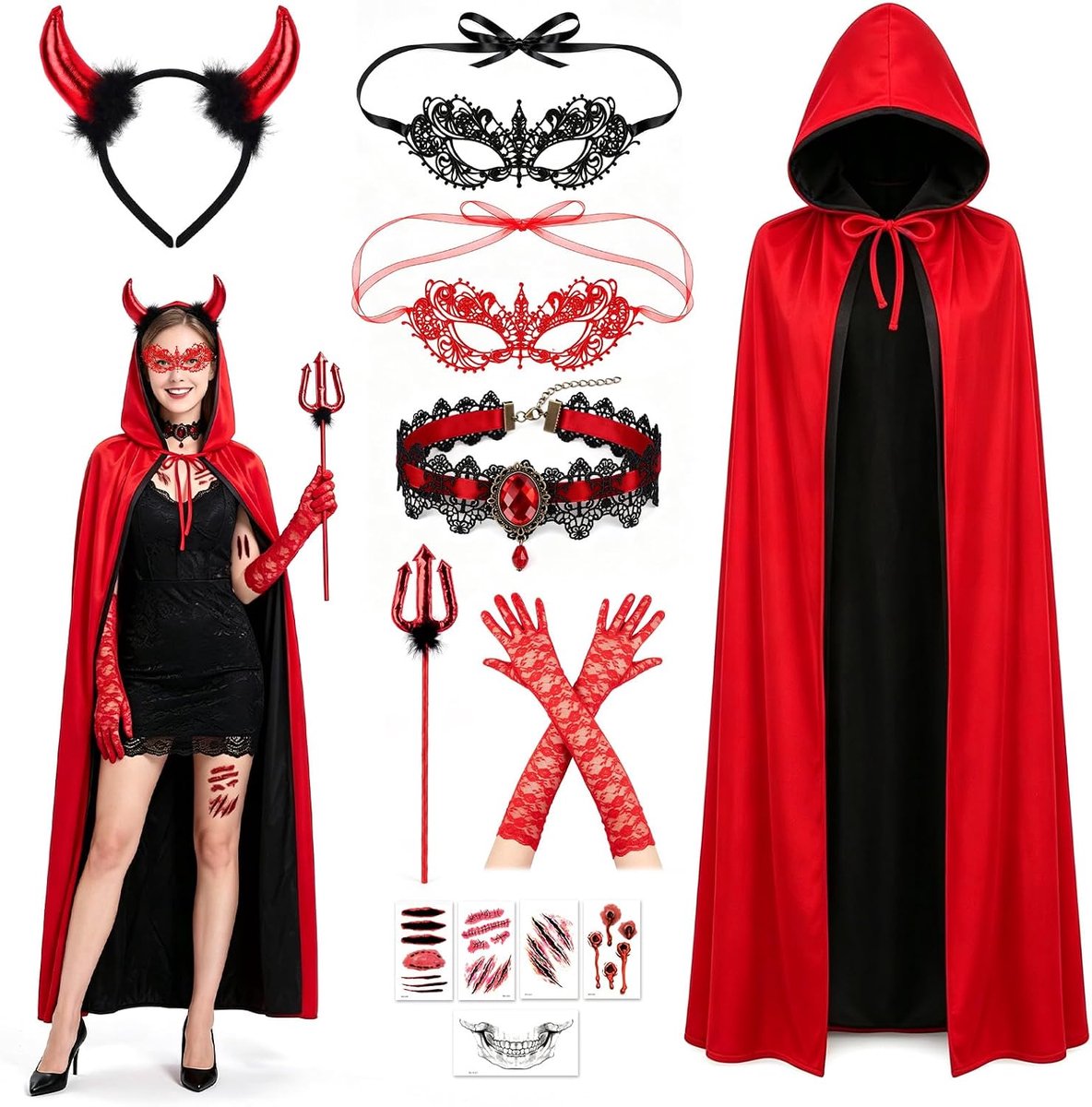 Duivelkostuum voor dames, Halloween vampiercape, Halloween-kostuum, duivel, Halloween-cape, dubbelzijdige vampiercape voor volwassenen, vampierkostuum voor Halloween, themafeest, cosplay