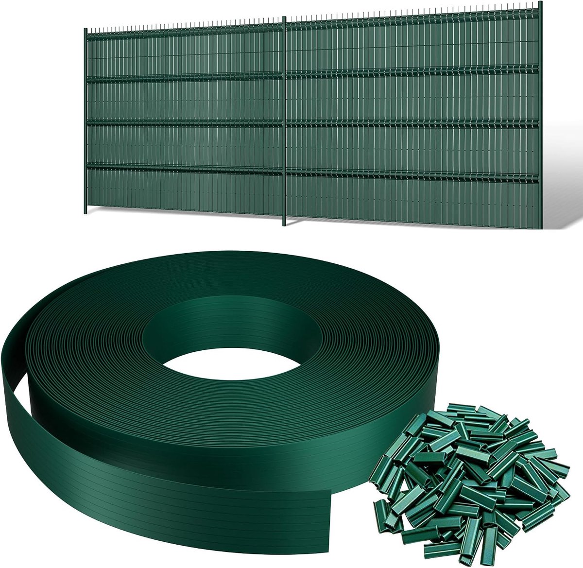 65 m x 4,7 cm zichtwerende strips voor dubbele staafmatten, pvc, inkijkbescherming, omheining, rol voor tuin, balkon, terras, groen, incl. 120 clips