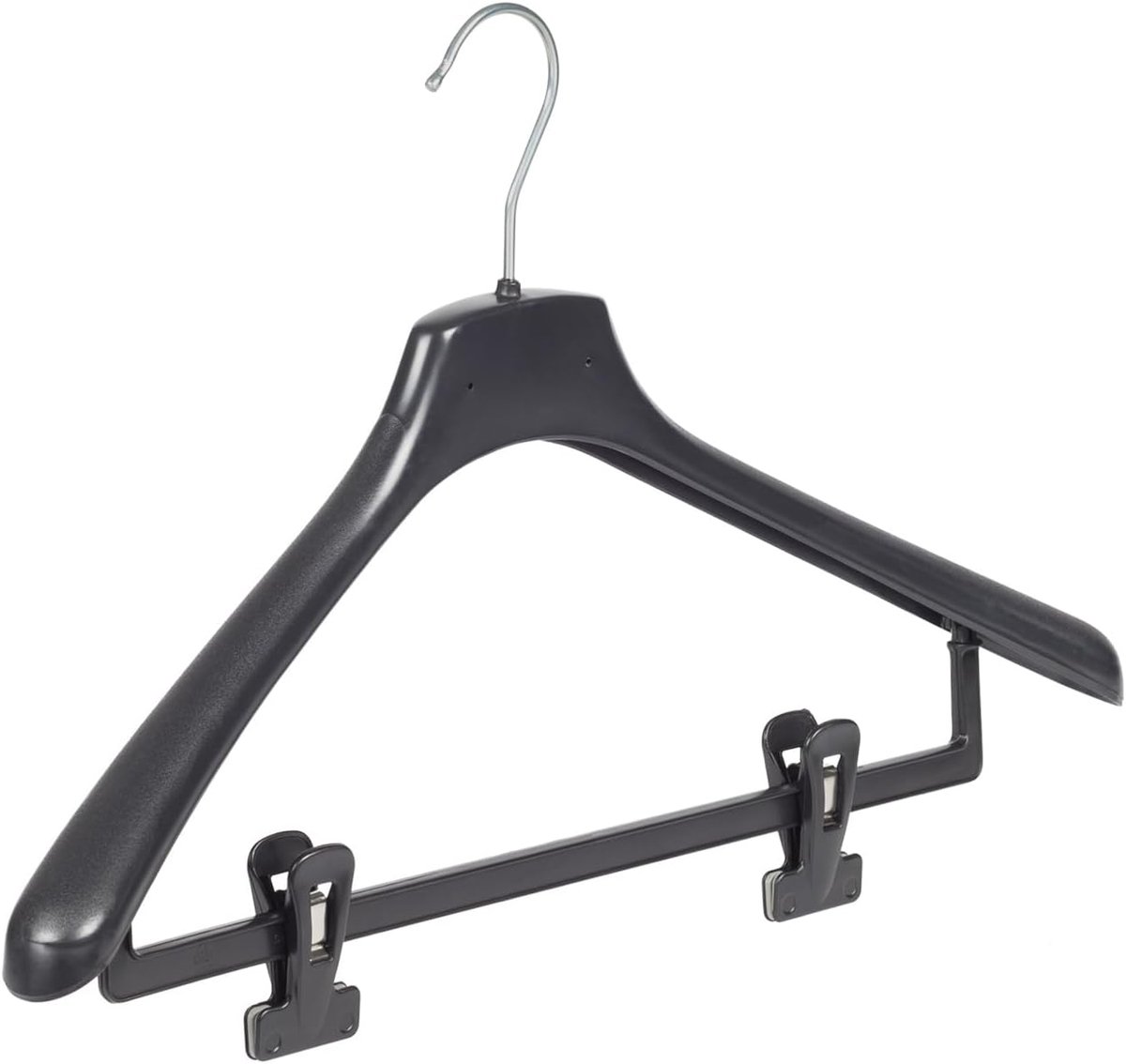 Kleerhanger, Mantelhanger, Kostuumhanger, Jassenhanger, set van 10 Stuks, Kunststof, Zwart, Broeklat met Knijpers, Brede schouders, 360° Draaibare Haak, 46 cm (FR46/BC_00/10)