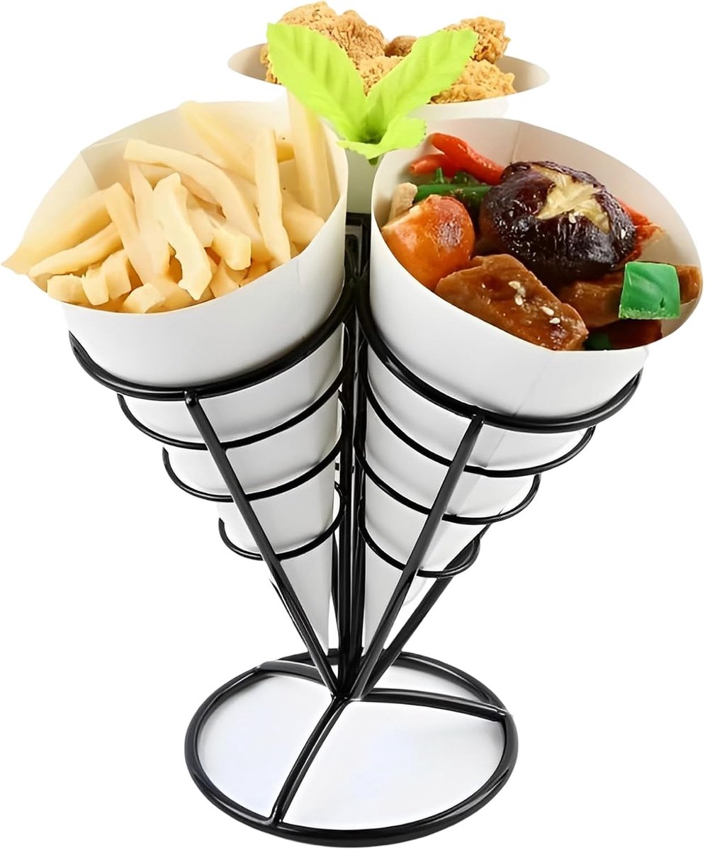 Frietstandaard, kegelvorm, patat, standaard, duurzaam, zwart, voor gezinnen, restaurants, cafés, bars, snackbars, bruiloften en feesten