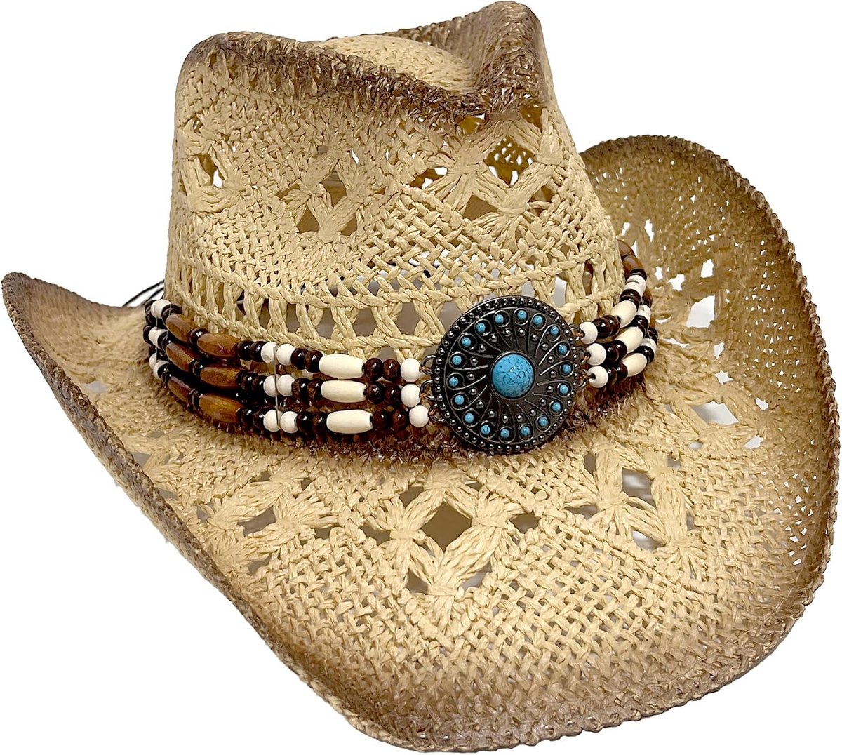 Strohoed voor dames en heren, boho, met turquoise kralenband, verstelbaar, uniseks, zomerfestivalaccessoire