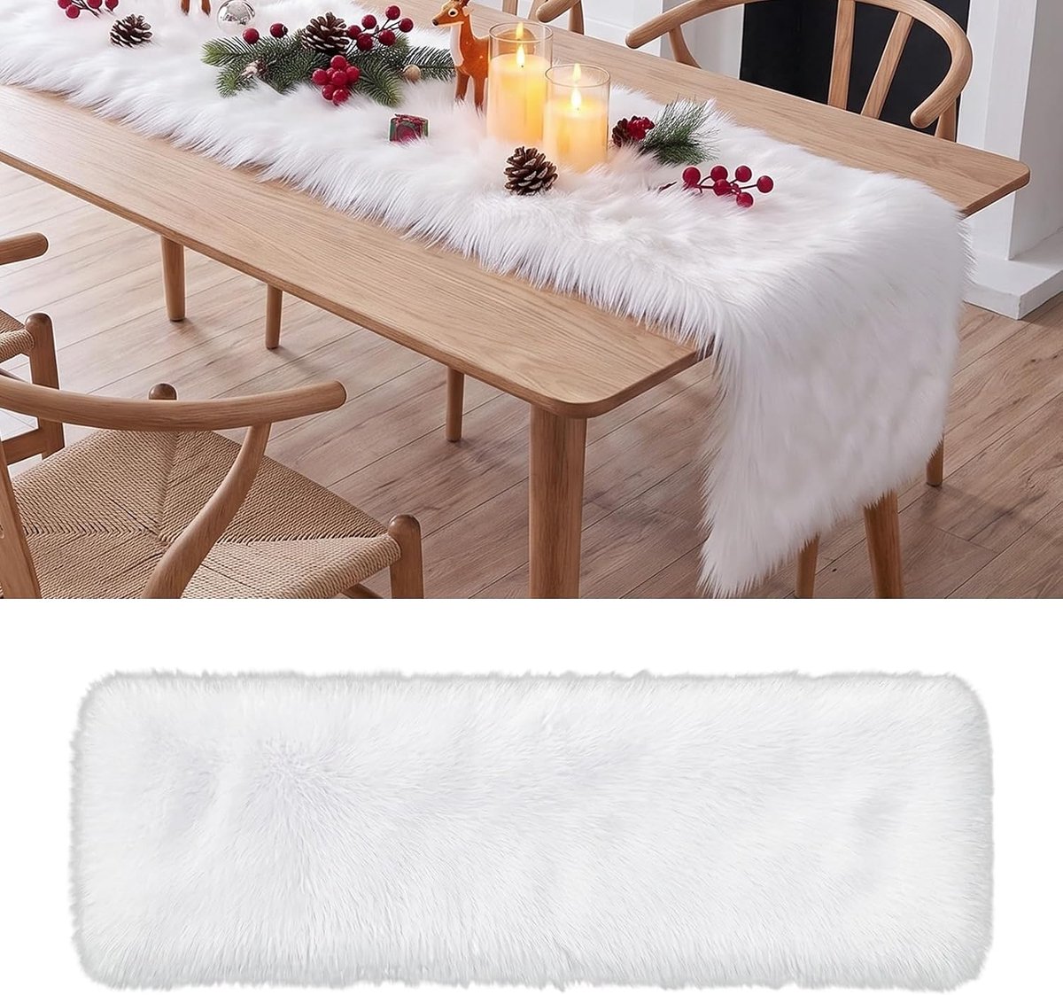 Tafelloper bont wit 30x90cm wollige kerst