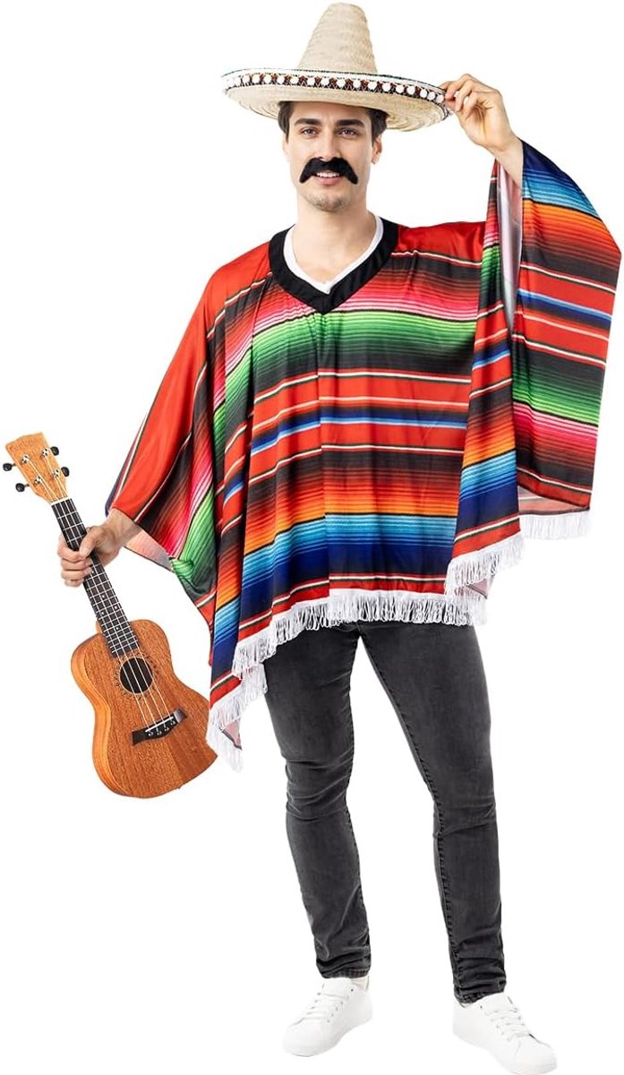 | Mexicaanse poncho voor mannen - Mexico & Mariachi´s, Mexicaanse schedel, Halloween, Day of the Dead (Dia de los Muertos) - Accessoires voor Volwassenen, kostuum accesoires - Bruin